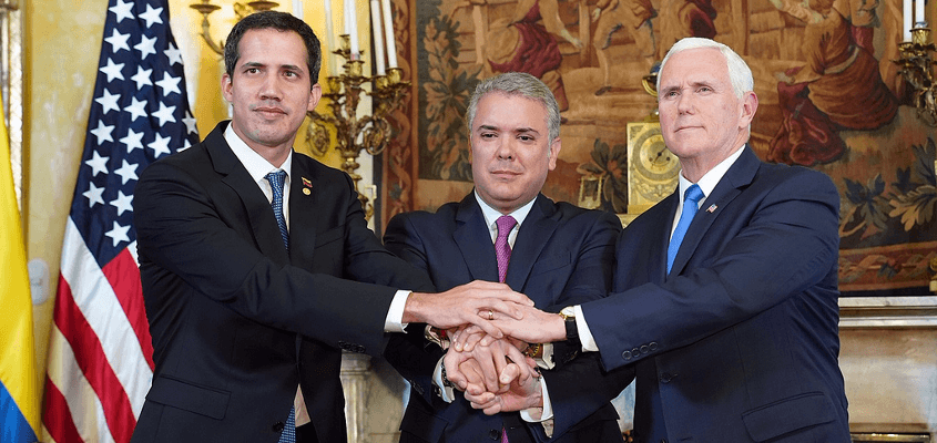 Venezuela's fantasy president, Juan Guiado with co-sponsors President Marquez of Colombia and US vice president Mike Pence