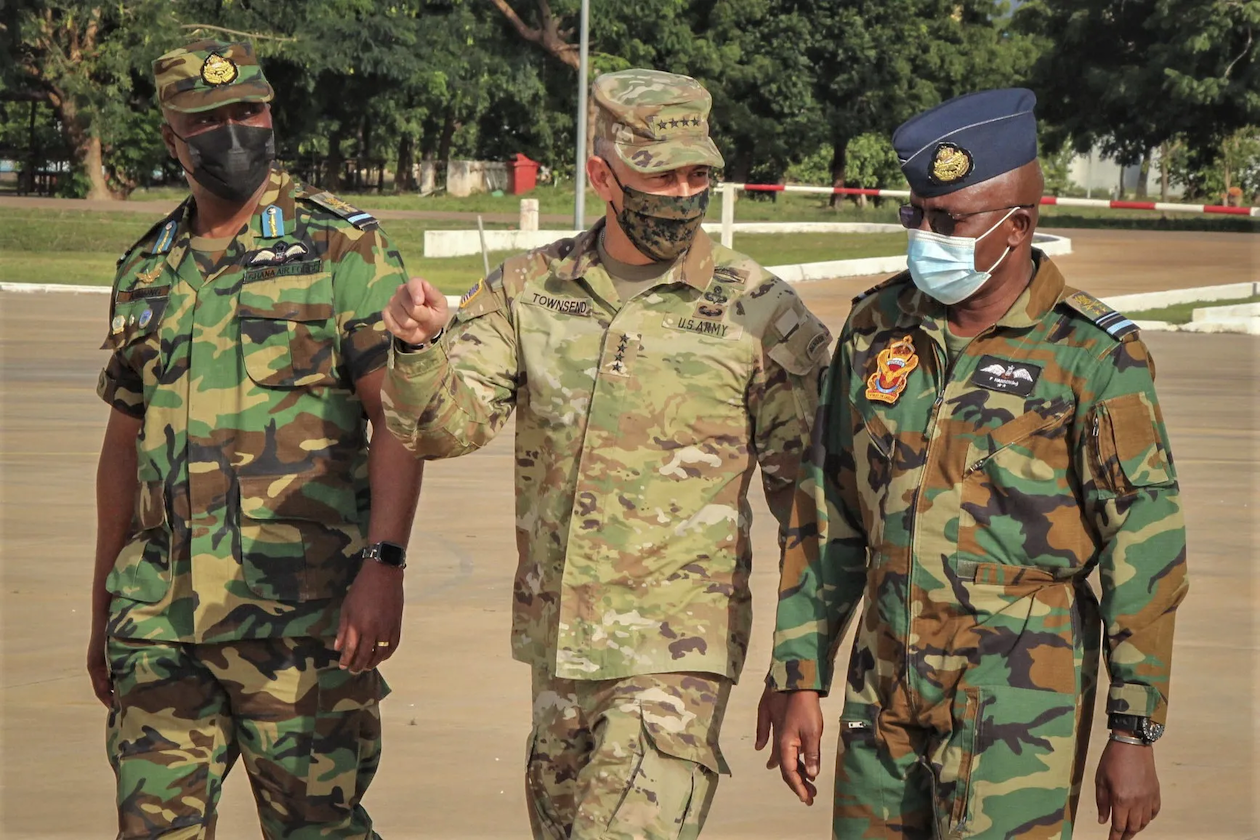 U.S. Army Gen. Stephen Townsend, commander, U.S. Africa Command meets with Ghanaian military leaders after arriving in Ghana as part of four-day trip to West Africa beginning Sept. 20, 2021. (Credit: Africom.mil) 