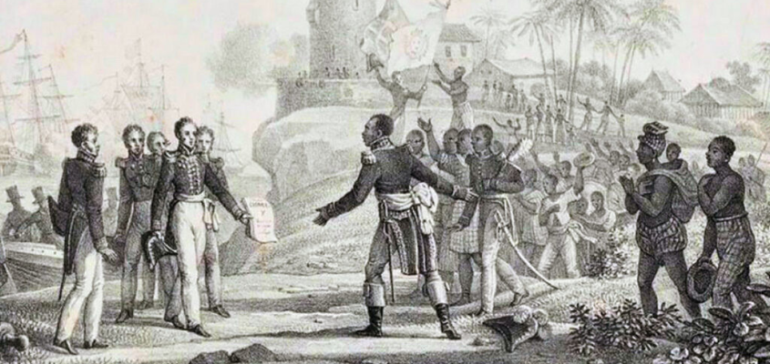 A lithograph print of the July 3, 1825 landing of French gunboats in Port-au-Prince