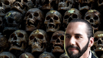Nayib Bukele's face superimposed over human skulls.