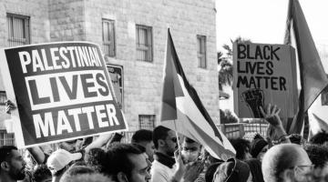 Protest with BLM sign and Palestine flag